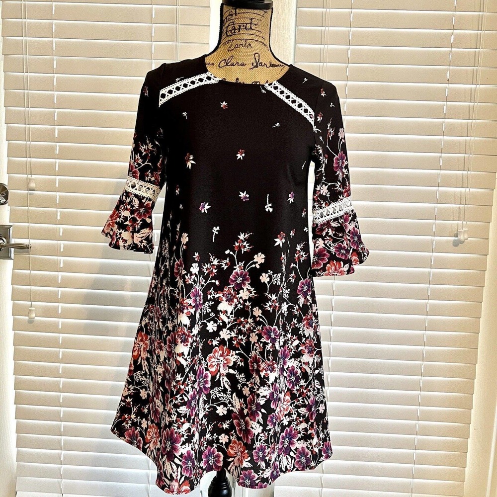 SMUKKE Dress Sz 12 Youth Girls Junior Multicolor Pink Floral 3/4 Bell Sleeve
